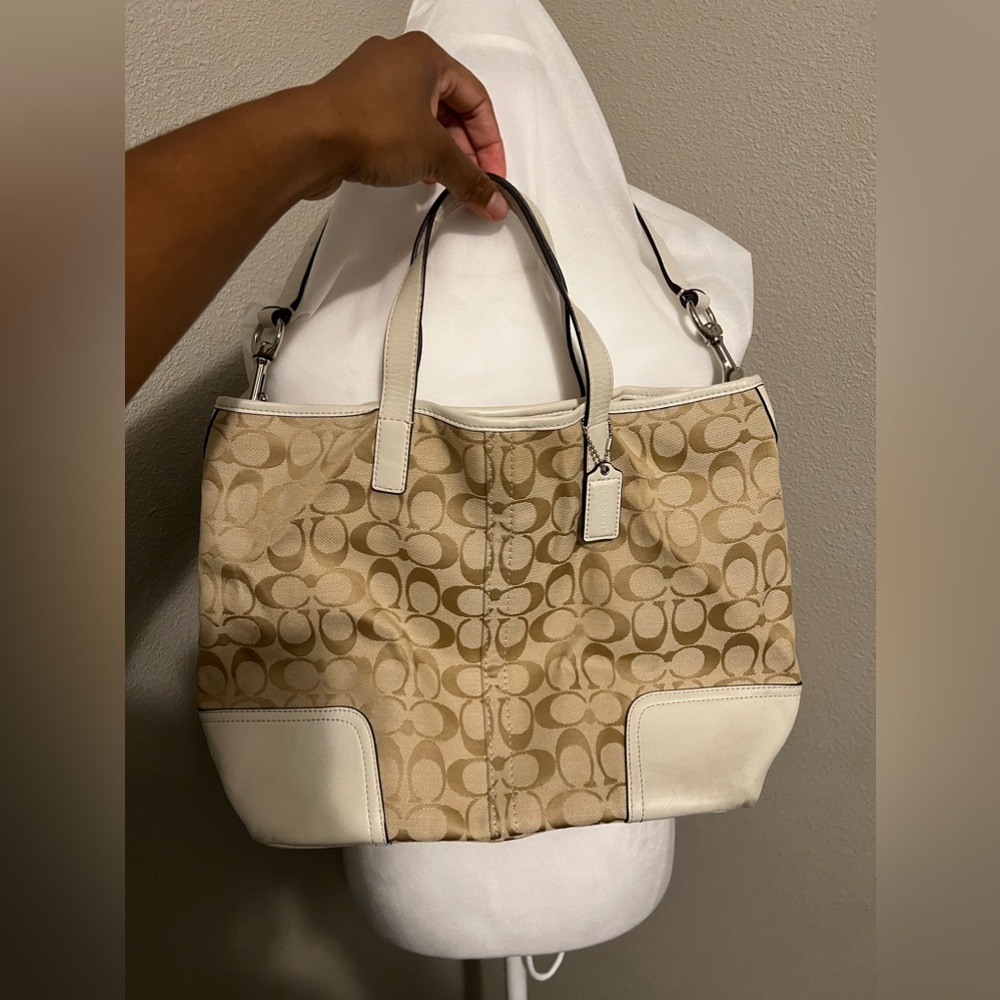 Tan and White Coach Medium Sized Handbag